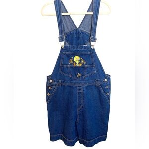 Looney Tunes Vintage Denim Short Overalls Tweety Bird Cartoon Embroidery 16W